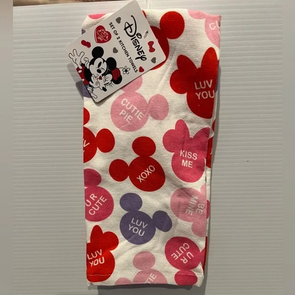 Disney Mickey & Minnie Valentine Conversation Hearts Kitchen Towels-Set of 2 NWT - Picture 1 of 3